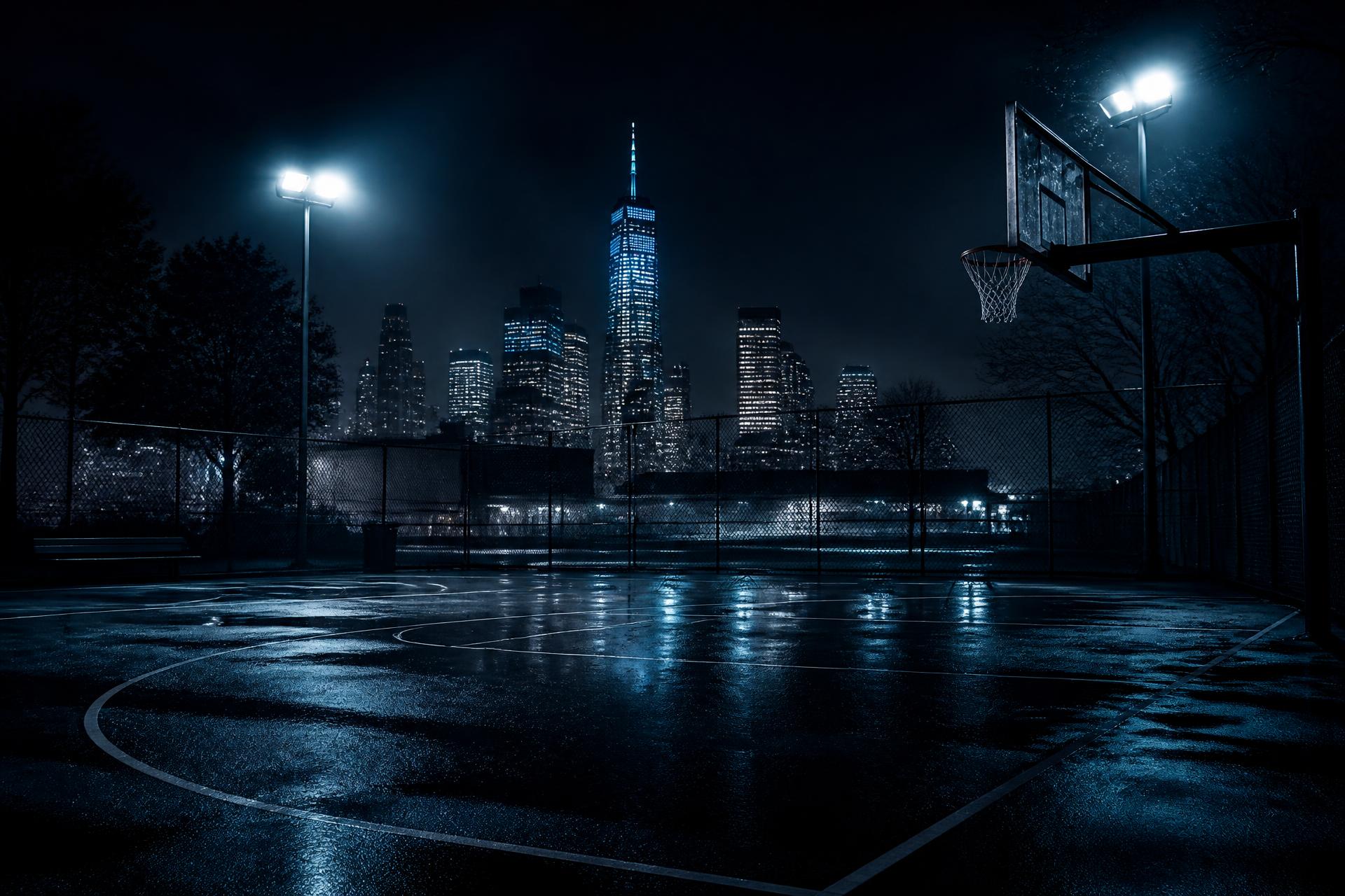 Floodlit outdoor basketball court at dusk with a city skyline behind it